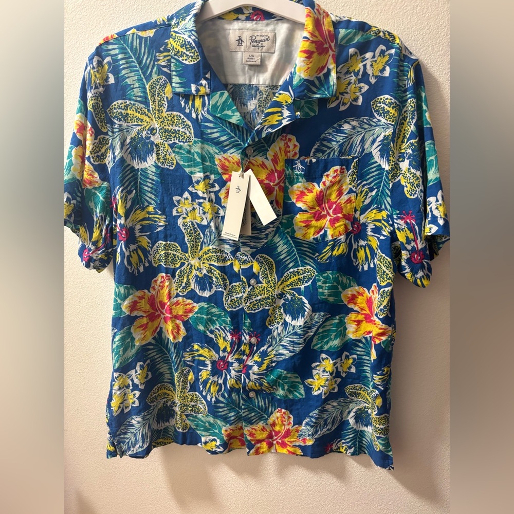 The Original Penguin Vibrant Blue and Yellow Hawaiian Shirt sz L NWT